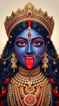 Vibrant illustration of blue goddess kali face with protruding tongue and heavy gold jewelry for kali puja and diwali