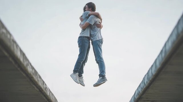 Side view of two men hugging above gap between concrete bridges