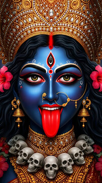 Fierce blue goddess kali face adorned with skull garland and red hibiscus flowers for kali puja and diwali festival