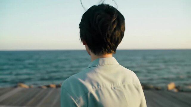 A gender-neutral individual in minimalist attire on a wooden boardwalk gazes at a vast, sun-dappled golden hour ocean. This serene dolly backward video reveals immense reflective waters, a profound