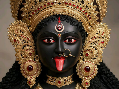 Close up of fierce black goddess kali face with golden crown and red eyes for hindu festival kali puja and diwali