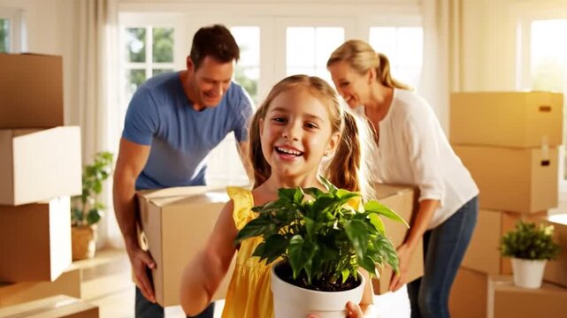 New Beginnings: A family stands on the cusp of a fresh start, holding boxes of possessions as they look ahead to their new home and journey.