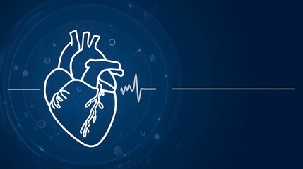 Abstract Medical Illustration of Human Heart Neon Silhouette with Heartbeat EKG Pulse Line