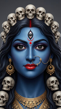 Blue skinned hindu goddess kali wearing garland of skulls and gold jewelry for religious kali puja and diwali celebration