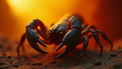 A menacing scorpion, a creature of danger, emerges from the scorching desert floor, illuminated by an intense, golden glow