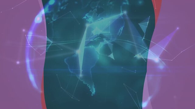 Animation of connections and globe on navy background and pink frame