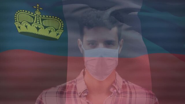 Animation of flag of lichtenstein over man in face mask