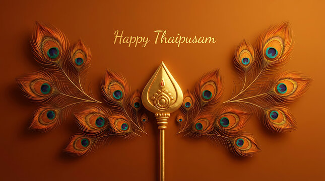 Creative golden vel spear design surrounded by symmetrical peacock feathers on an orange background for happy thaipusam greeting card honoring lord murugan