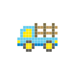 A flat pixel design made of geometric square color blocks on a clean icon layout. Pixel art stake truck