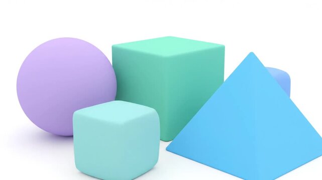 A 3D rendering shows geometric shapes including a purple sphere and blue pyramid.