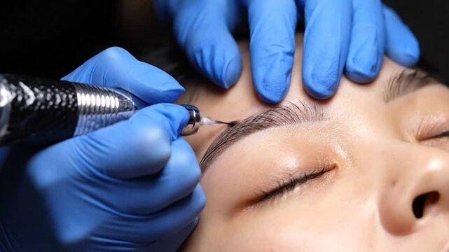 Hands in blue gloves perform cosmetic tattooing on an eyebrow