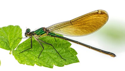 Emerald damselfly rests on a vibrant green leaf against a plain white background in sharp focus