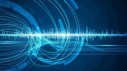 Vibrant blue sound wave graphic with dynamic light trails on dark background