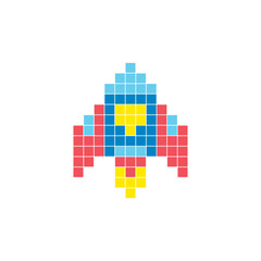 Fototapeta premium A flat pixel design made of geometric square color blocks on a clean icon layout. Pixel art rocket