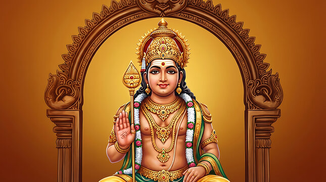 Majestic lord murugan holding golden vel spear standing under decorative archway illustrating tamil hindu god for thaipusam festival and religious worship backgrounds