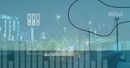Animation of statistical data processing over spinning windmills against night city traffic - Powered by Adobe