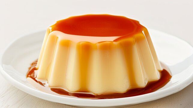 Custard dessert sits on a white plate with a glossy caramel glaze. This dessert is enjoyed during a gathering with friends