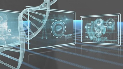 Animation of dna strand spinning and scientific data processing on black background - Powered by Adobe