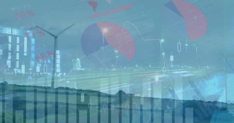 Animation of financial data processing over globe and wind turbine - Powered by Adobe