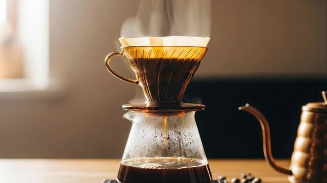 Close up of coffee brewing process in a glass pour over device
