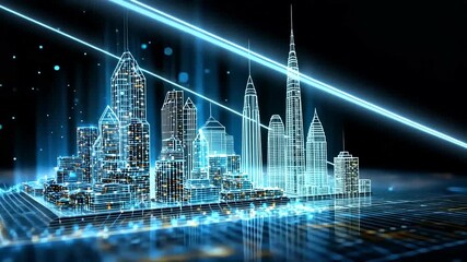 Glowing blue wireframe city in a dark digital space with light beams and particles - Powered by Adobe