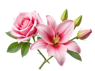 Close-up of two pink flowers with green leaves on a white background, perfect for designs and illustrations