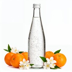 Refreshing clear beverage bottle adorned with vibrant tangerines and white blossoms on pristine white background