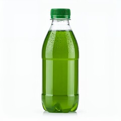 Green liquid in a clear plastic bottle with green cap against a clean white backdrop