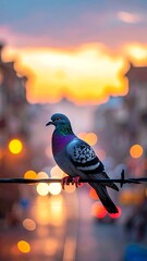 Pigeon perched on wire with a blurred bokeh-filled city background illuminated by a vibrant sunset