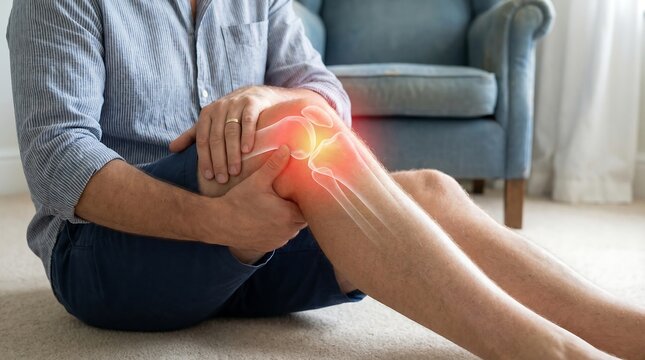 Man suffering from knee pain with a red glowing X-ray bone overlay showing joint inflammation, concept of injury, arthritis, and orthopedic healthcare