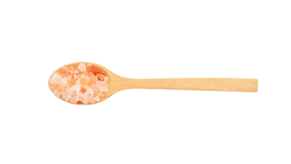 Pink Himalayan salt on a wooden spoon.