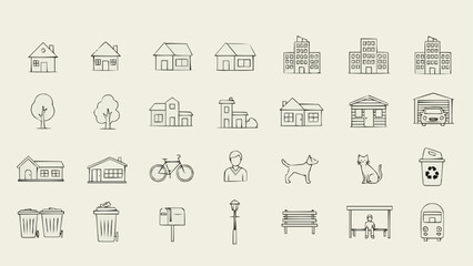 Collection of Simple Line Art Icons Representing Buildings and Urban Elements.