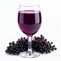 Elegant glass of vibrant purple beverage with fresh elderberries on white backdrop