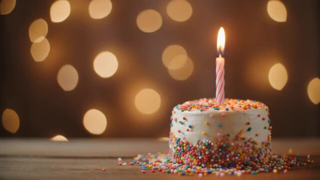 A small white birthday cake with colorful sprinkles and a lit candle on top, sitting on a wooden table against a blurred background of twinkling lights