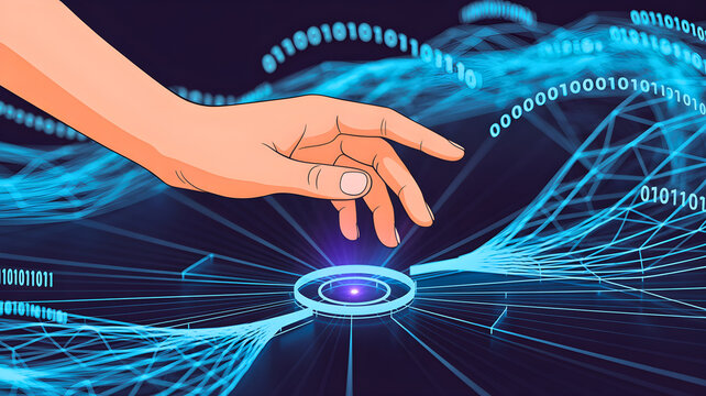 Digital World Visualization Hand Interacting with Binary Code and Futuristic Network