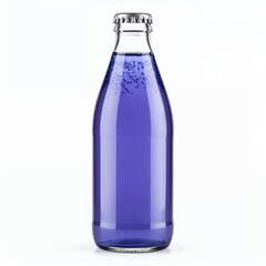 Isolated beverage bottle with vibrant blue liquid filling, presented on a white backdrop