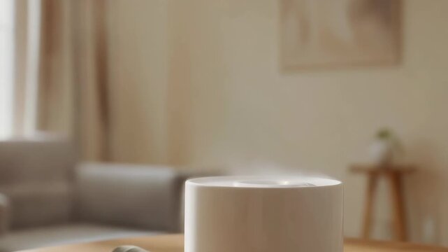 White essential oil diffuser spreading steam in a modern living room