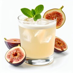 Refreshing fig beverage adorned with vibrant mint leaves on a white background