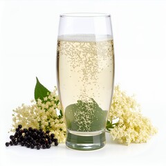 Refreshing elderflower drink presentation on white backdrop with floral elements