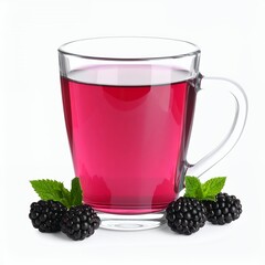 Refreshing blackberry beverage in clear glass mug, displayed on white backdrop