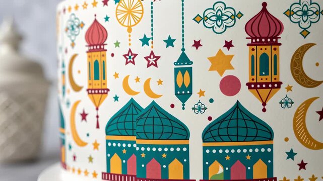 Ramadan Decor Visual Colorful Lanterns, Crescent Moon Patterns, and Festive Cake Atmosphere for Vibrant Celebration