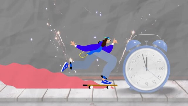 Animation of man skateboarding icon over clock