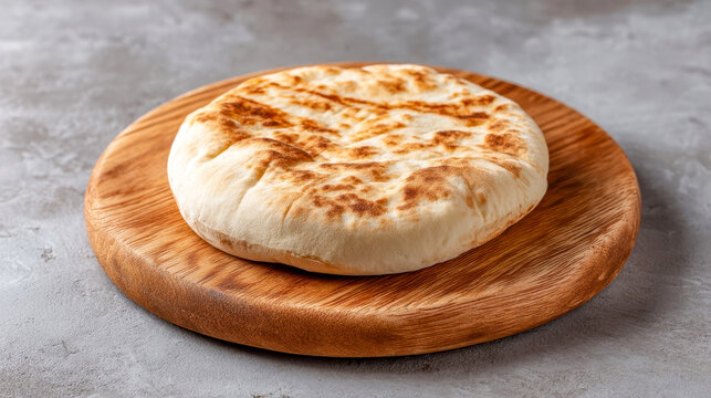 Traditional Moroccan khobz bread on a wooden board, a round flatbread with a golden toasted crust and a minimalist studio background