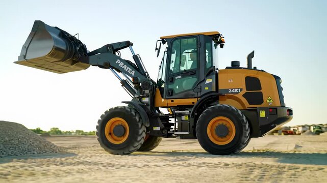 Modern front-end loader efficiently scoops aggregate material on a vast, well-maintained real estate development site, bathed in golden hour light with bokeh of other heavy machinery, representing