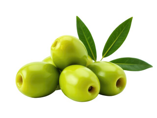 Obraz premium A pile of green olives with leaves on a white background, perfect for food or nature-themed images