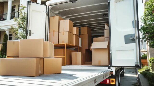 Open moving truck unloading cardboard boxes