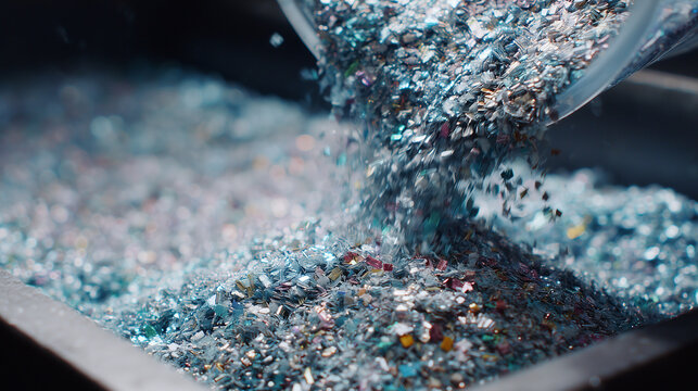 Recycled plastic flakes pouring into industrial mold tray.