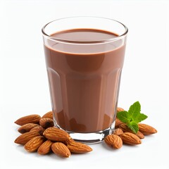 Glass of decadent chocolate almond milk beverage, a tasty treat on a white background