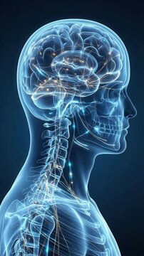 Human brain and nervous system glowing with energy and looping background video, futuristic medical illustration, visualizing neural pathways and communication
