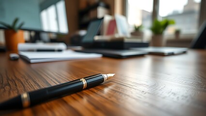 A single pen lying on a wooden desk with blurred background, professional workspace vibe.